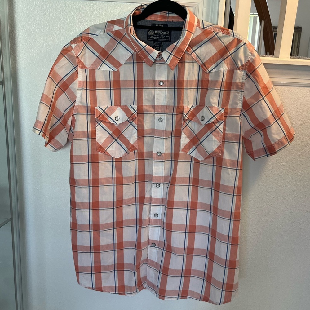 American Rag Orange, White and Blue Checkered Short-Sleeve Shirt Sz XL